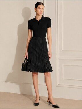 Tommy Hilfiger Classic Pinstripe Midi Flare pleated Black White Skirt Size 2 XS